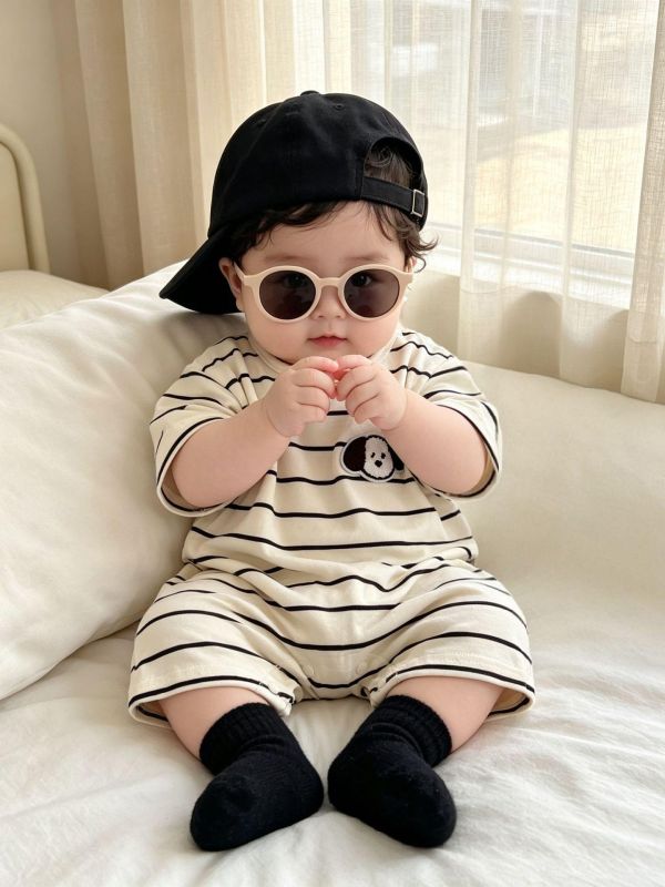 狗狗貼布條紋彈力連身裝(2色) 