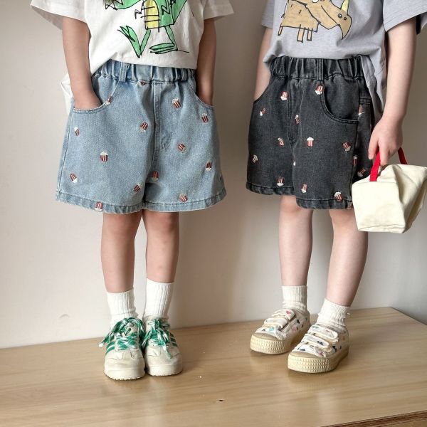 爆米花刺繡五分牛仔短褲 