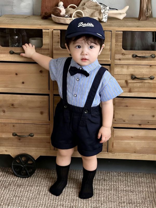 紳士領結條紋/格紋襯衫+吊帶短褲套裝 