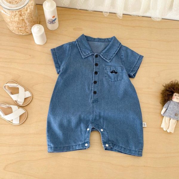 翻領小汽車刺繡牛仔連身裝 