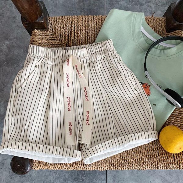 韓版豎條紋字母緞帶短褲 