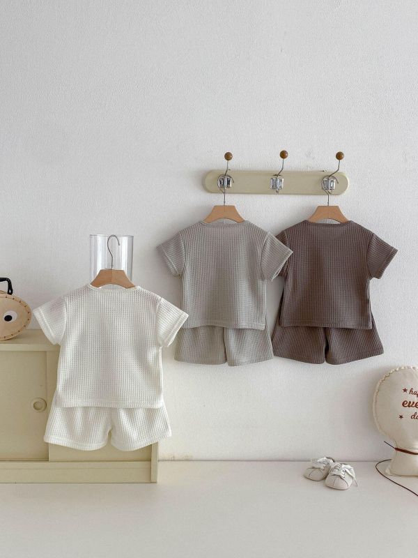 素色華夫格小熊單口袋彈力套裝 