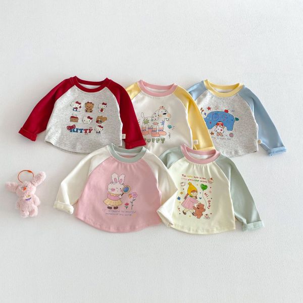 撞色拚袖可愛印花春秋上衣 