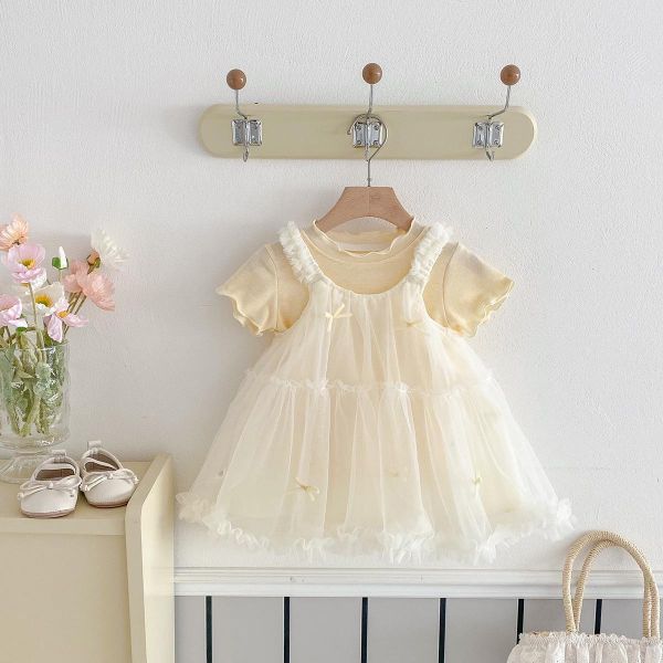 鵝黃上衣+網紗吊帶連身裙套裝 