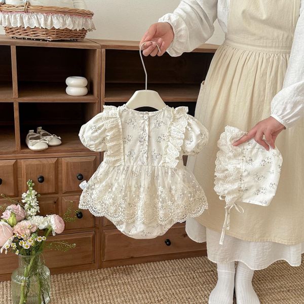 田園碎花蕾絲包屁裙+帽 