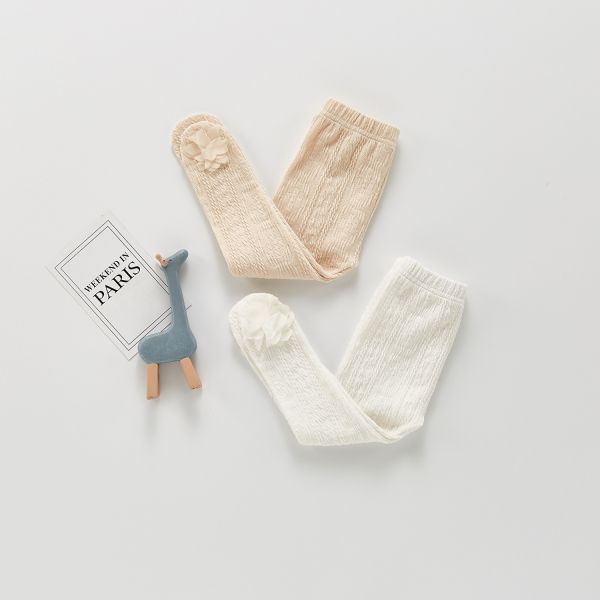 坑條螺紋素色立體小花連腳褲 