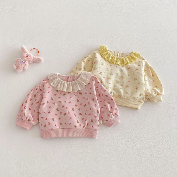 滿印碎花/小熊蕾絲花領上衣 