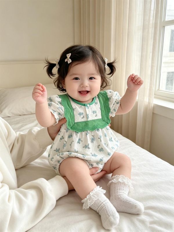 田園碎花綠方領包屁衣 