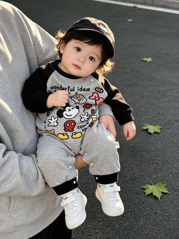 可愛塗鴉米奇卡通拼袖連身裝 