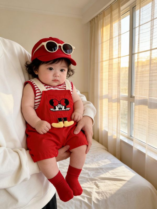 條紋背心+迪士尼卡通吊帶褲套裝 