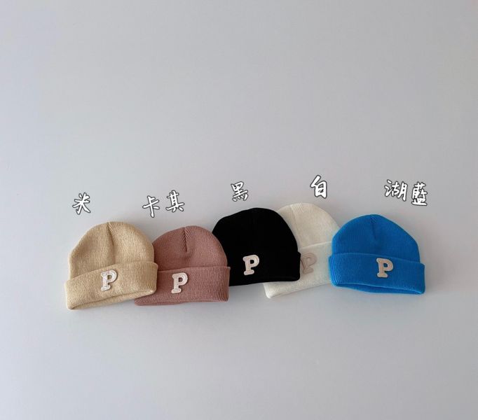 P字刺繡針織瓜皮毛帽(13色) 