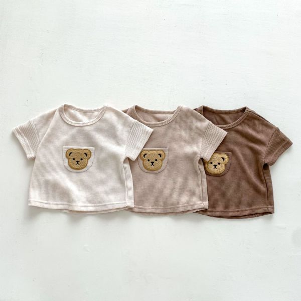 華夫格小熊刺繡單口袋上衣 