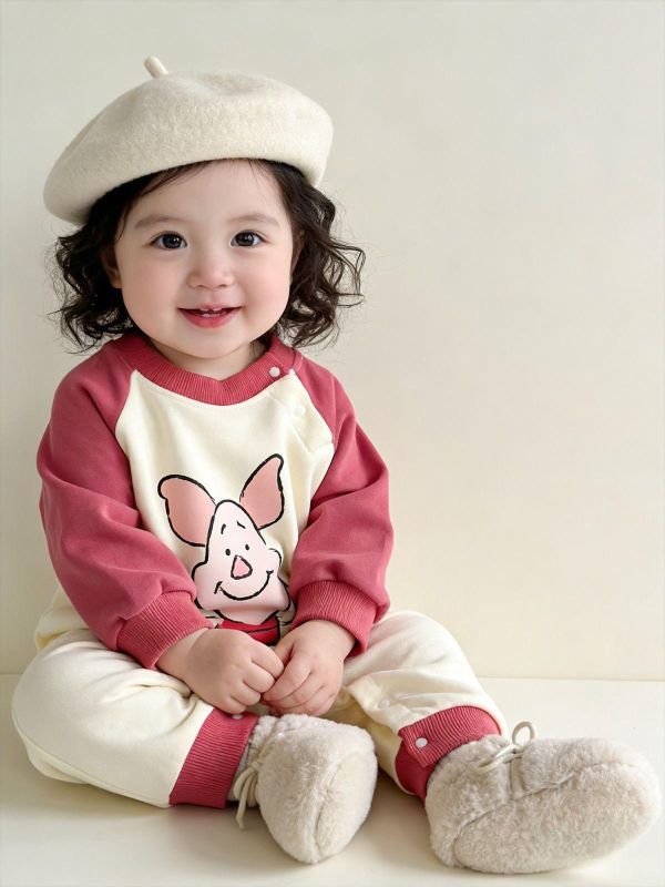 撞色拚袖粉紅小豬連身裝 