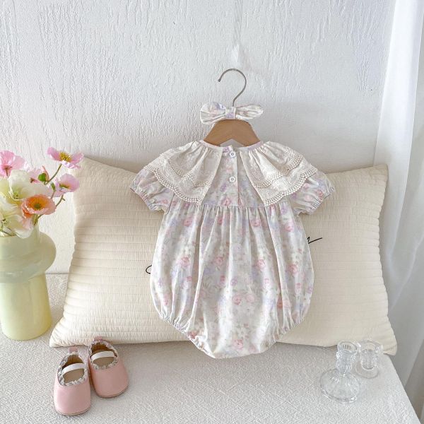 花邊大翻領碎花包屁衣+髮帶 