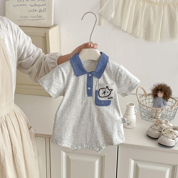 格子翻領狗狗單口袋包屁衣 