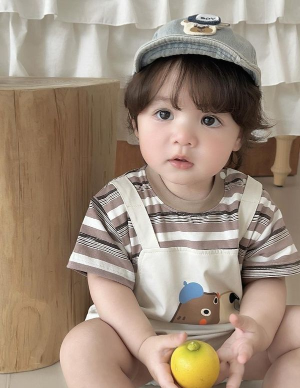 假兩件狗狗條紋吊帶包屁衣 