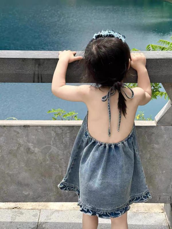 夏季露背綁帶牛仔連身裙 