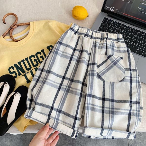 百搭復古格紋九分棉質長褲 