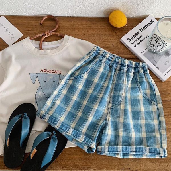 復古古著格紋五分短褲 