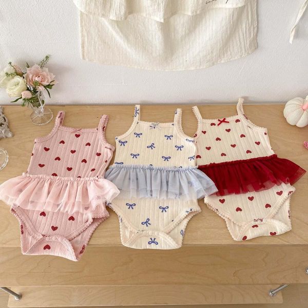 螺紋愛心/蝴蝶結網紗拼接包屁衣 