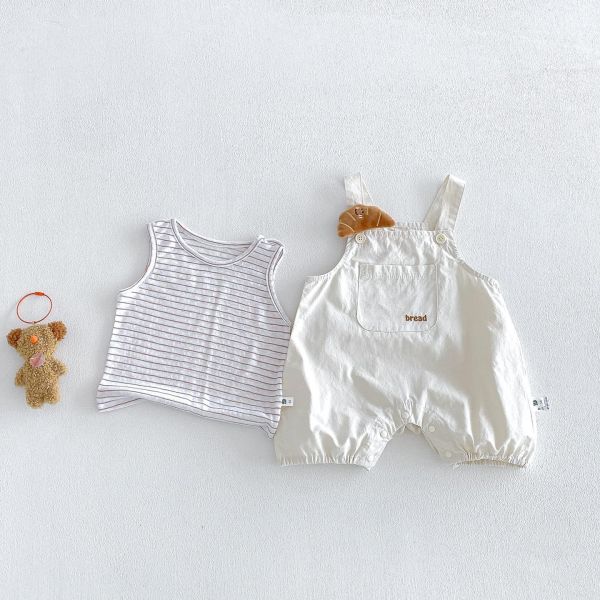 條紋背心+可頌麵包吊帶褲套裝 