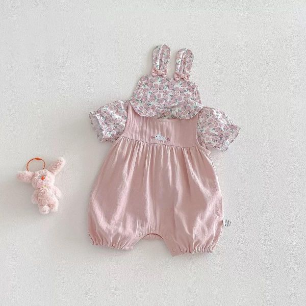碎花兔耳上衣+粉嫩兔子連身褲套裝 