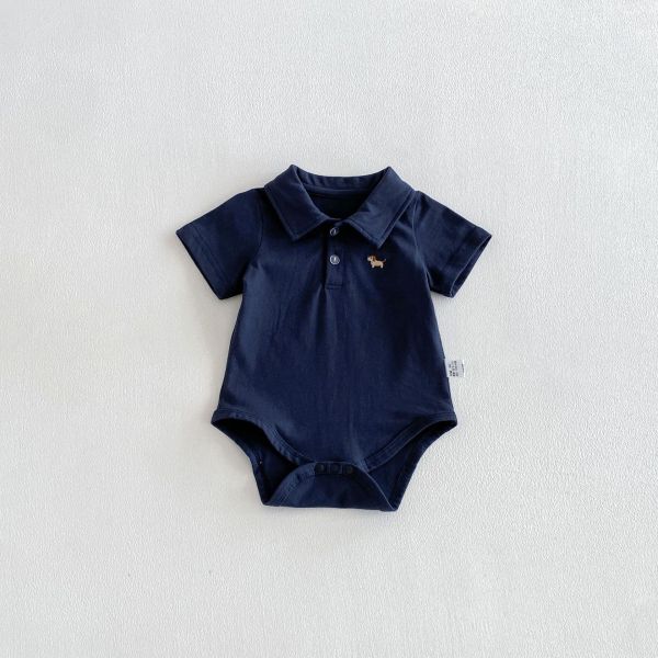 狗狗刺繡POLO翻領素色包屁衣 