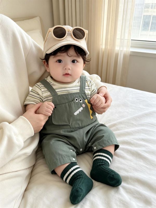 假兩件條紋恐龍吊帶連身裝 