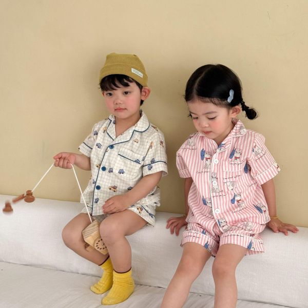男女童可愛格紋卡通居家套裝 