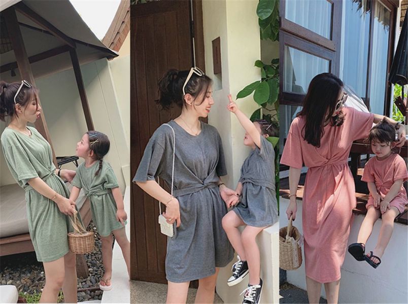 親子款紐結素色連身洋裝 