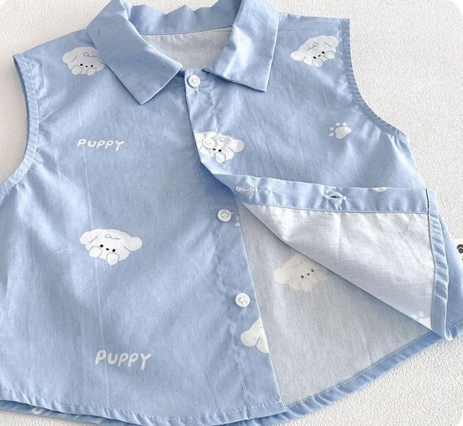 雲朵狗狗領帶背心襯衫/牛仔短褲 
