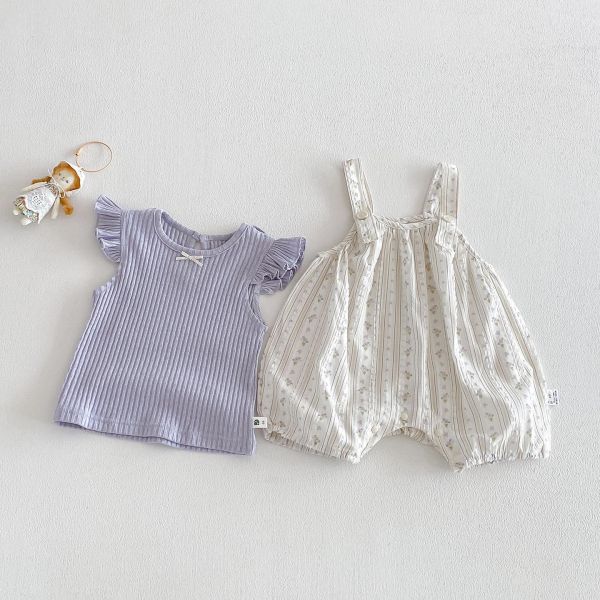 飛袖螺紋上衣+碎花吊帶蘿蔔褲 