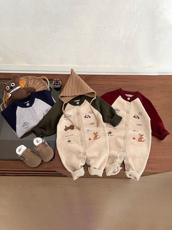 撞色拚秀動物刺繡針織連身裝 