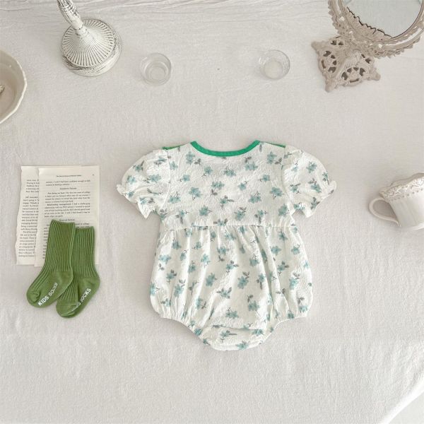 田園碎花綠方領包屁衣 