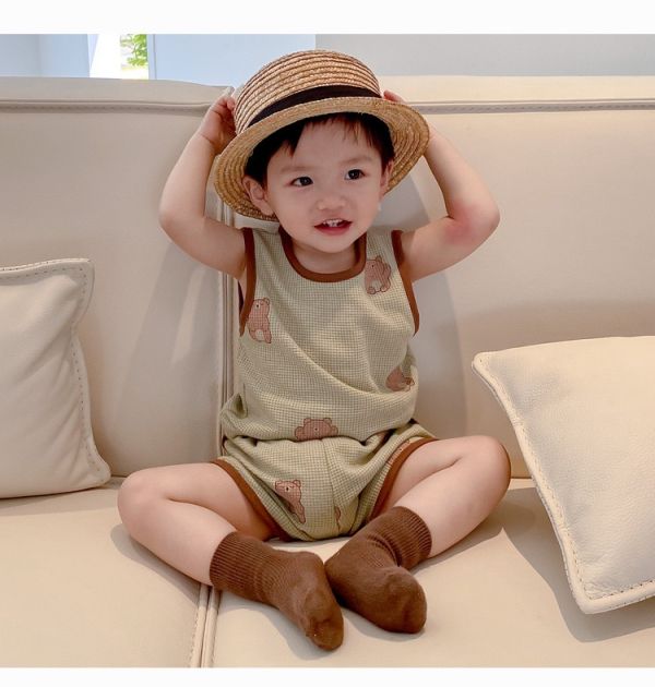 華夫格小熊兩色無袖套裝 