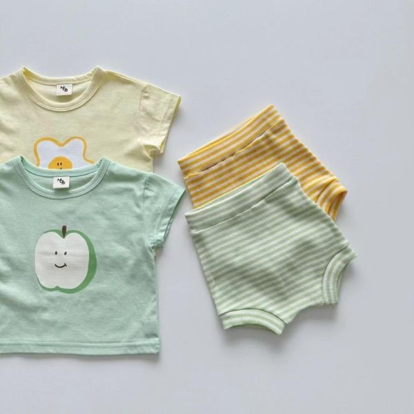 荷包蛋/蘋果上衣+條紋包屁短褲套裝 