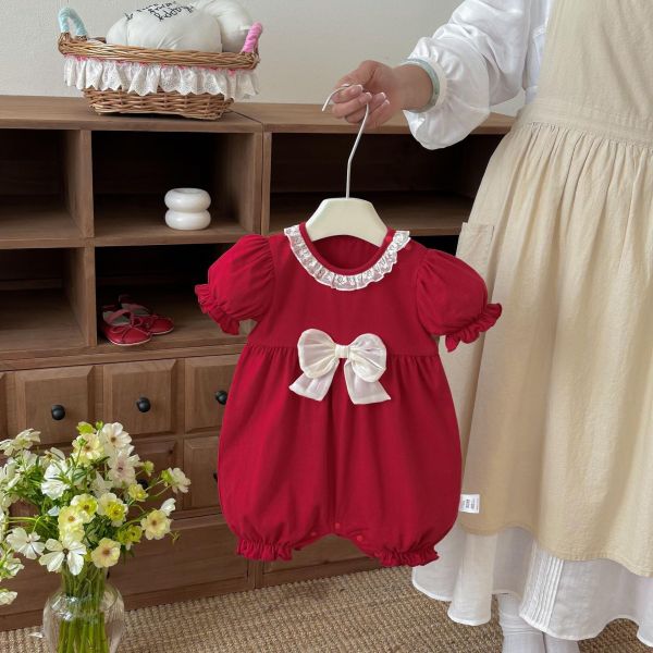 酒紅大蝴蝶結蕾絲領口連身裝 