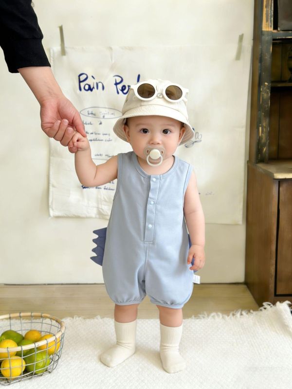 素色恐龍造型開釦棉質連身裝 