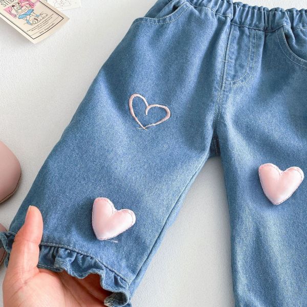 立體愛心刺繡荷葉邊牛仔長褲 