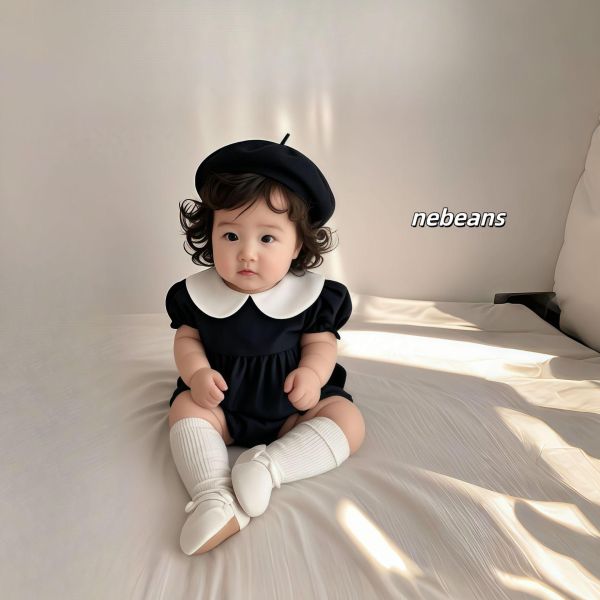 赫本風娃娃領撞色包屁衣 