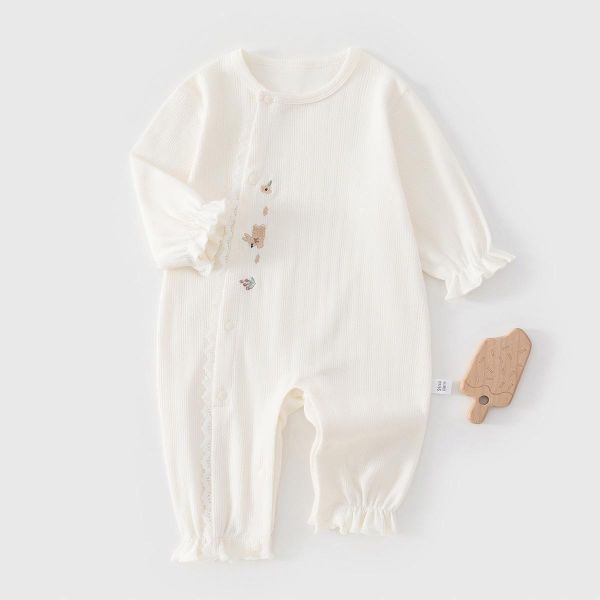 新生兒素色螺紋木耳領/蕾絲領連身裝(3色) 