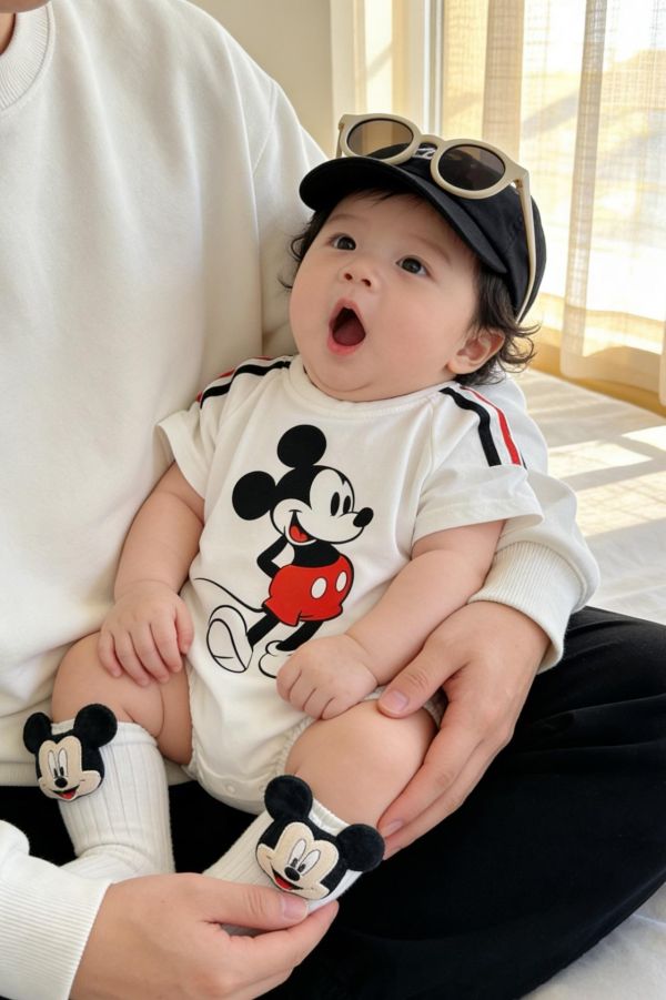 落肩雙槓米奇印花寬鬆包屁衣(贈襪)(2款) 