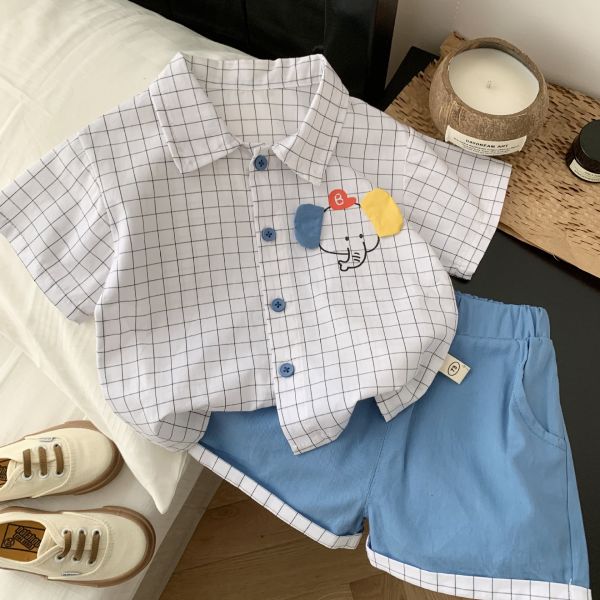 格子大象襯衫+反折格子短褲 