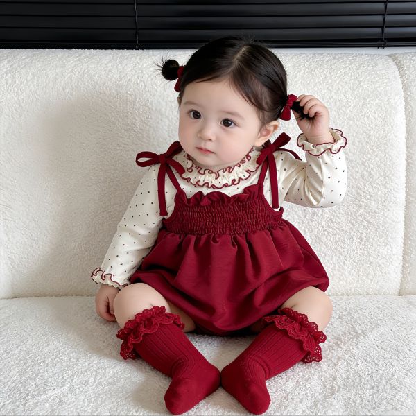 木耳立領點點上衣+酒紅綁帶吊帶裙 