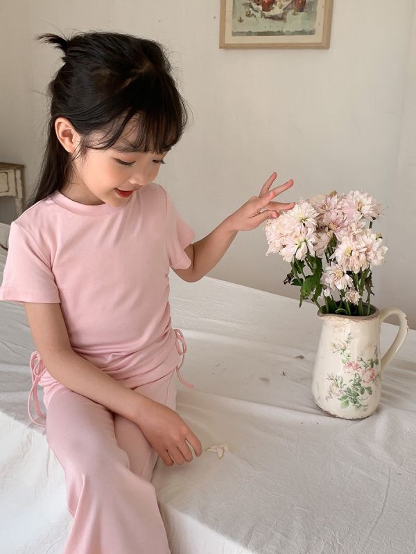 韓版素色抽繩上衣+彈力喇叭褲 