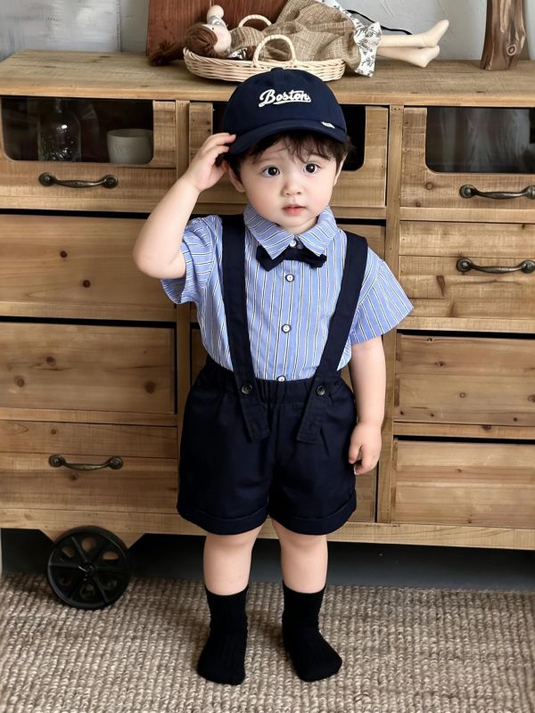 紳士領結條紋/格紋襯衫+吊帶短褲套裝 