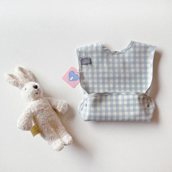 好收納格紋吃飯防水防油圍兜 