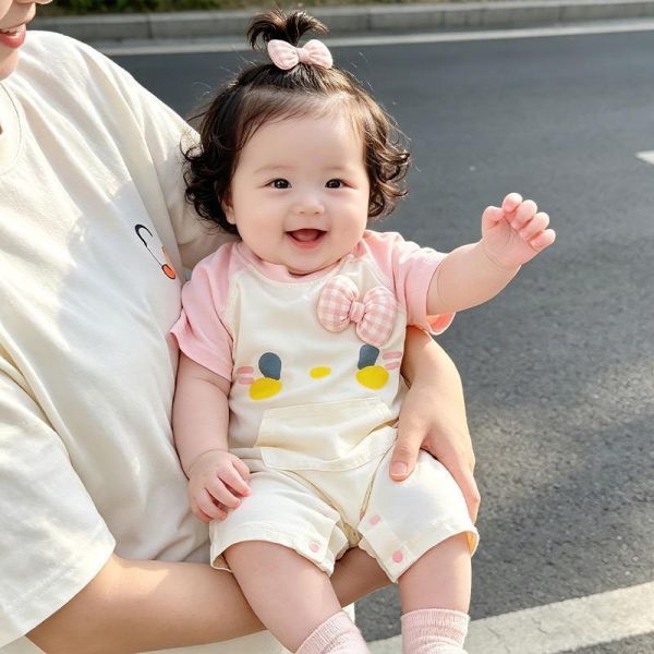 立體蝴蝶結可愛貓咪印花拼袖連身裝 