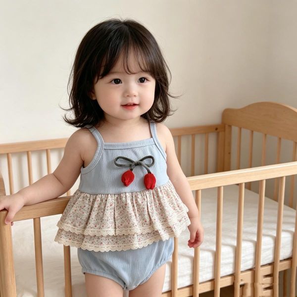 螺紋坑條鬱金香雙層蕾絲包屁衣 