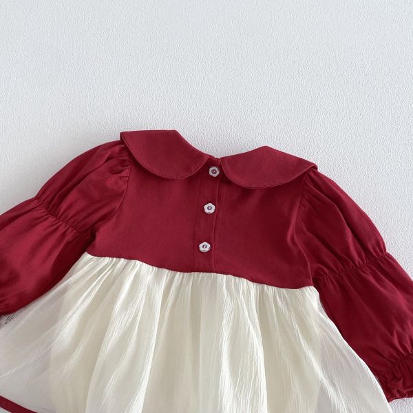 假兩件娃娃領澎袖蝴蝶結包屁裙 